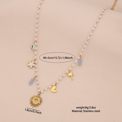 Faux Pearl Heart & Flower Pendant Necklace