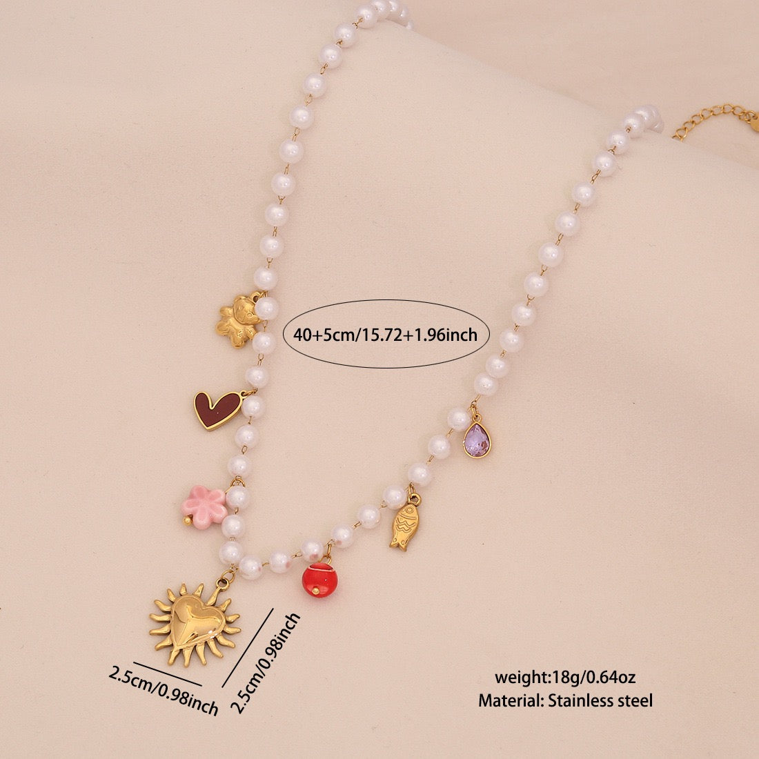 Faux Pearl Heart & Flower Pendant Necklace