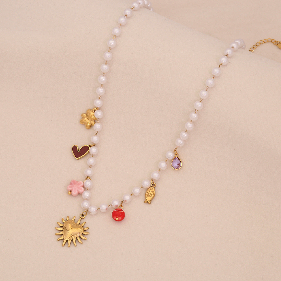 Faux Pearl Heart & Flower Pendant Necklace