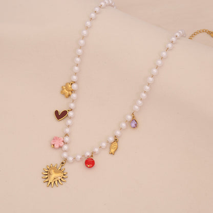 Faux Pearl Heart & Flower Pendant Necklace