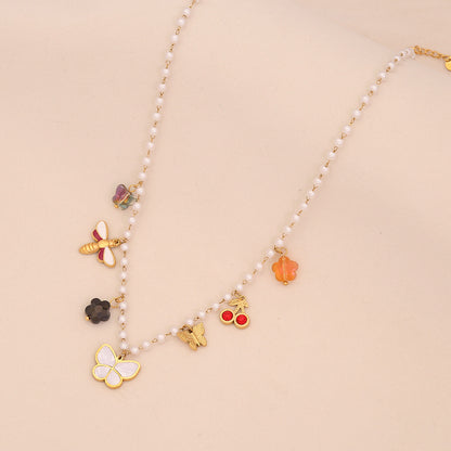 Faux Pearl Heart & Flower Pendant Necklace