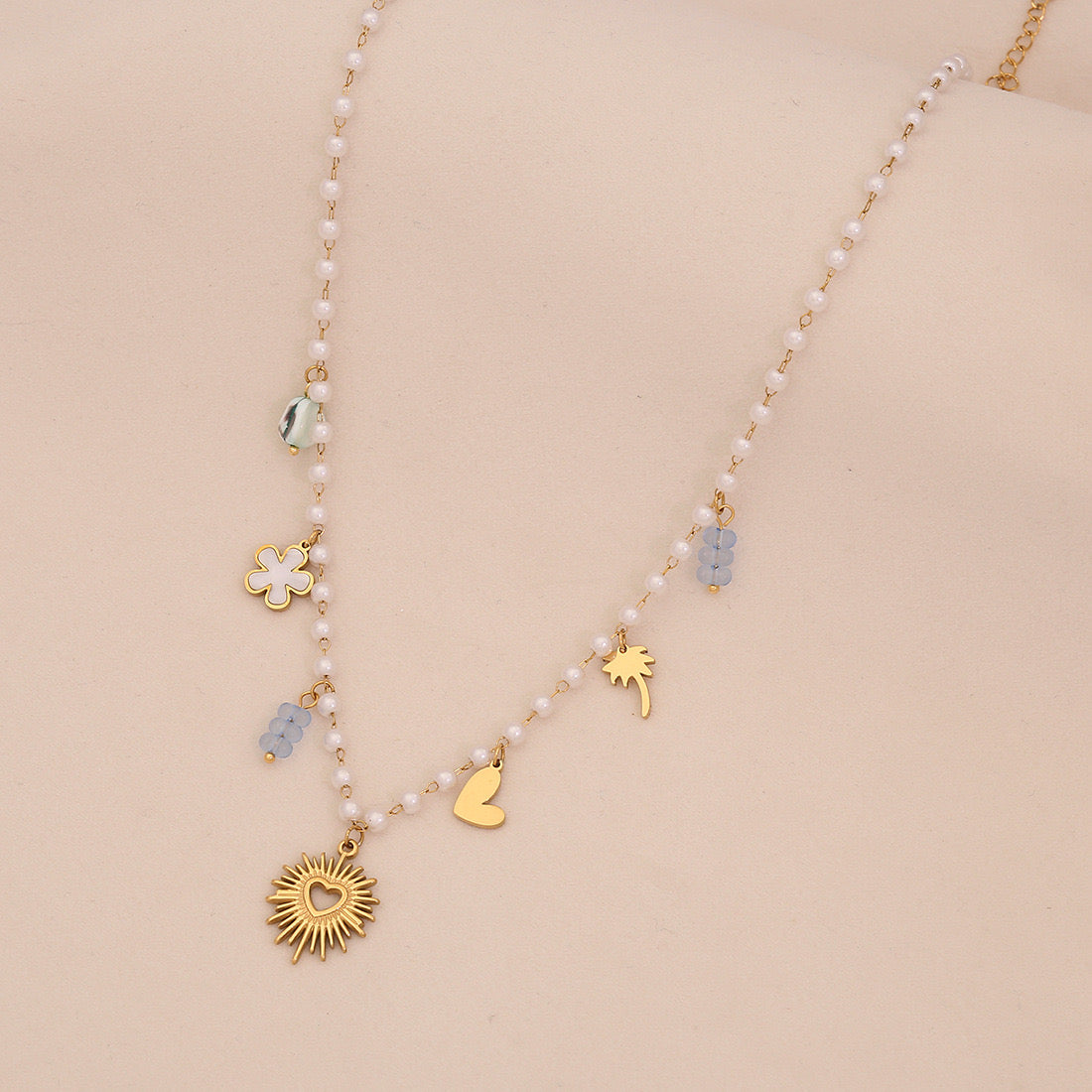 Faux Pearl Heart & Flower Pendant Necklace