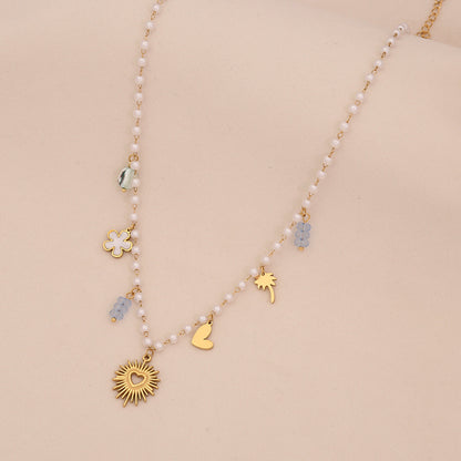 Faux Pearl Heart & Flower Pendant Necklace