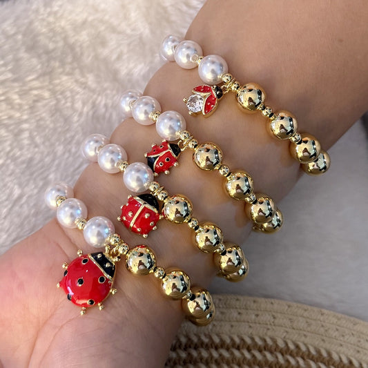 Faux Pearl Beaded Bracelet with Gold Beetle Charm