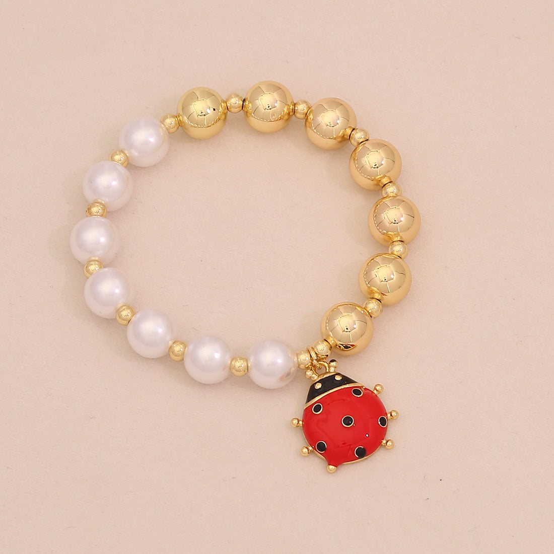 Faux Pearl Beaded Bracelet with Gold Beetle Charm