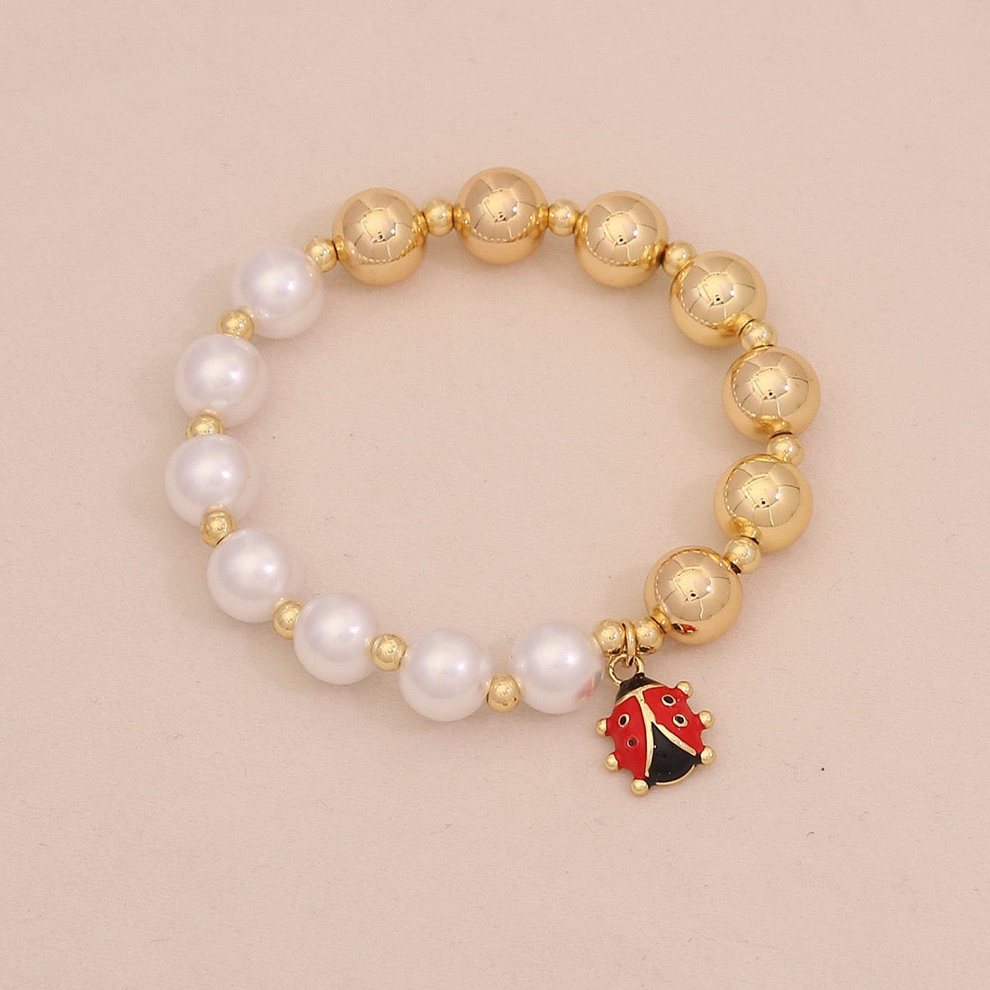Faux Pearl Beaded Bracelet with Gold Beetle Charm