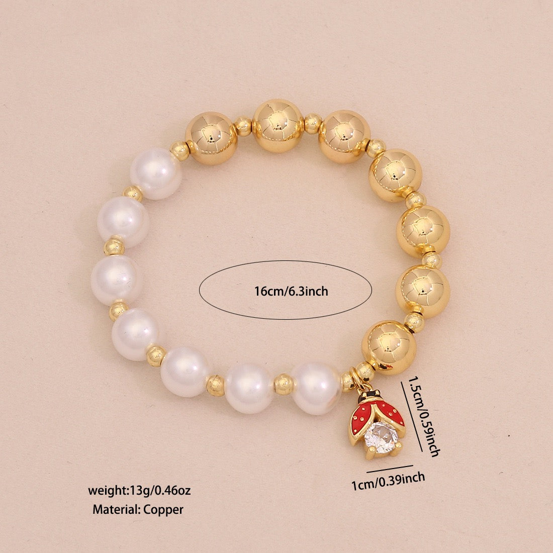 Faux Pearl Beaded Bracelet with Gold Beetle Charm