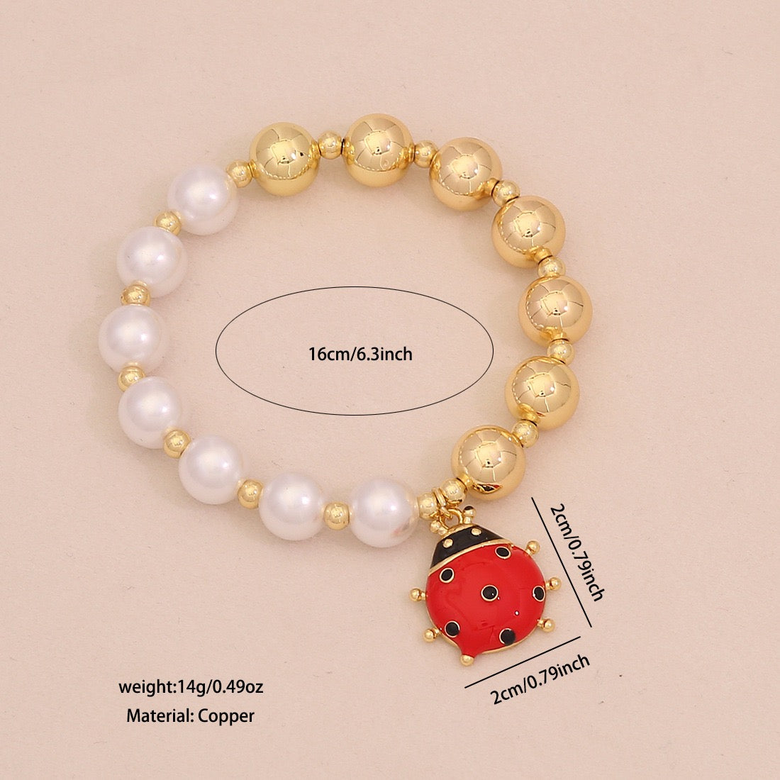 Faux Pearl Beaded Bracelet with Gold Beetle Charm