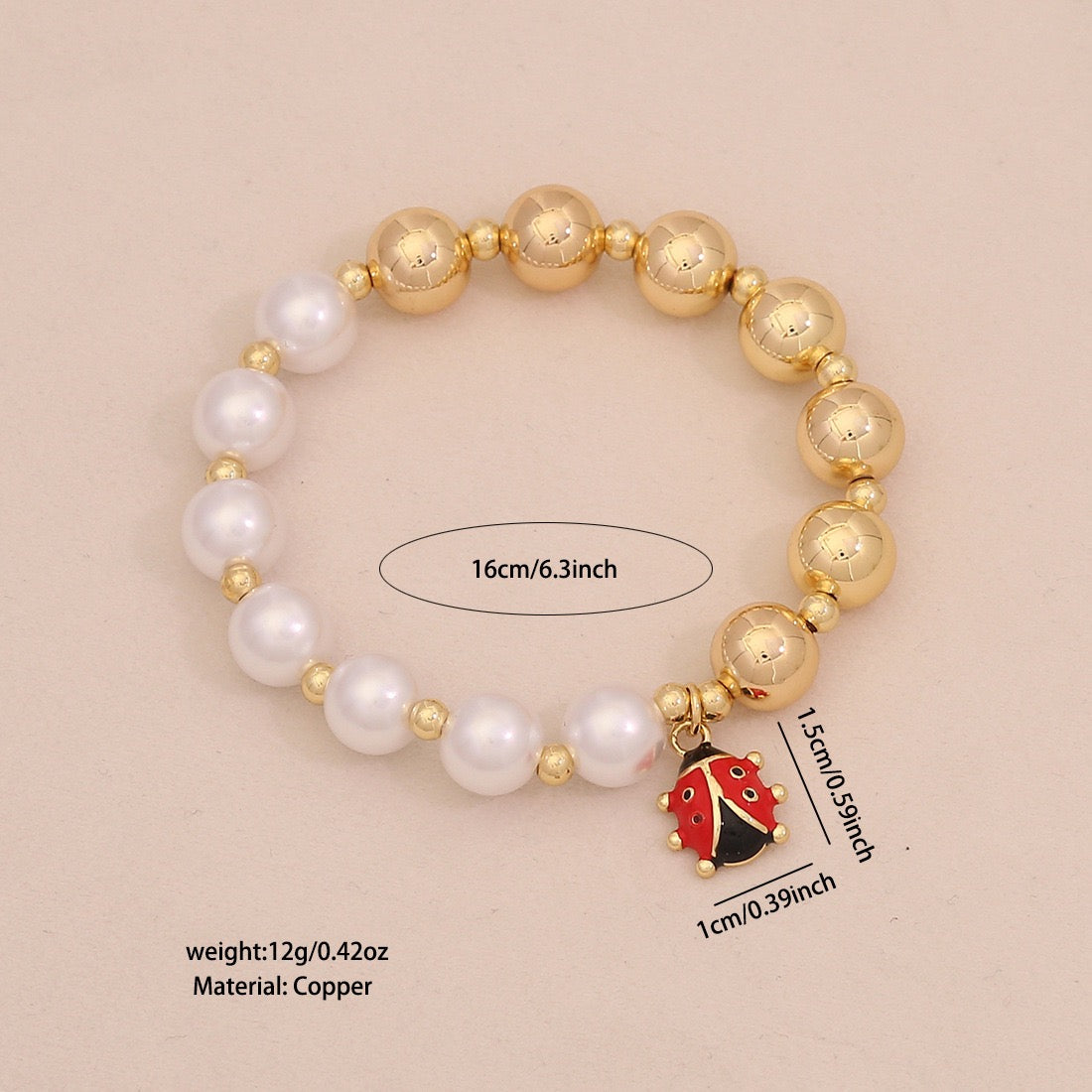 Faux Pearl Beaded Bracelet with Gold Beetle Charm
