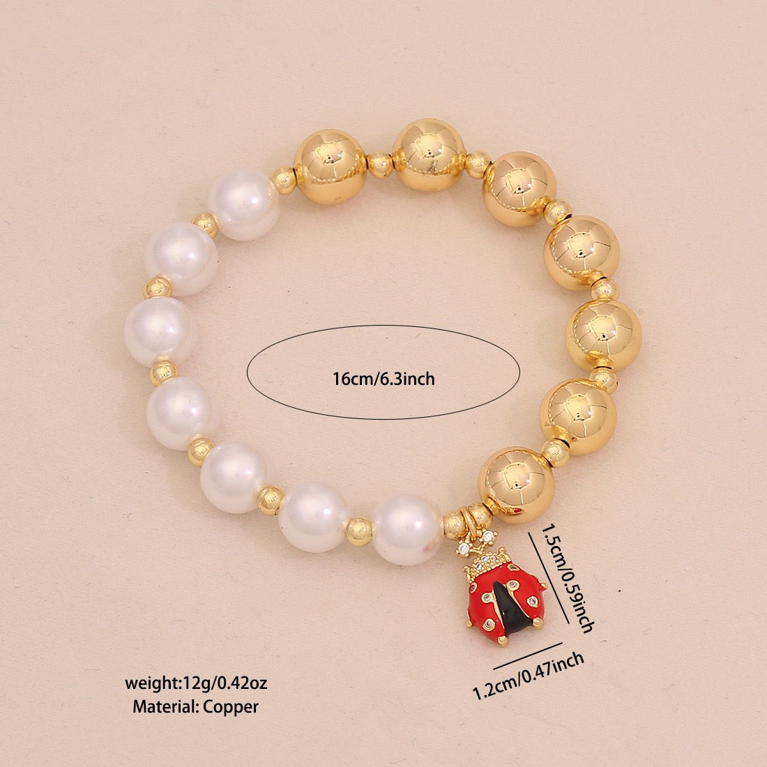 Faux Pearl Beaded Bracelet with Gold Beetle Charm
