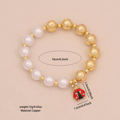 Faux Pearl Beaded Bracelet with Gold Beetle Charm