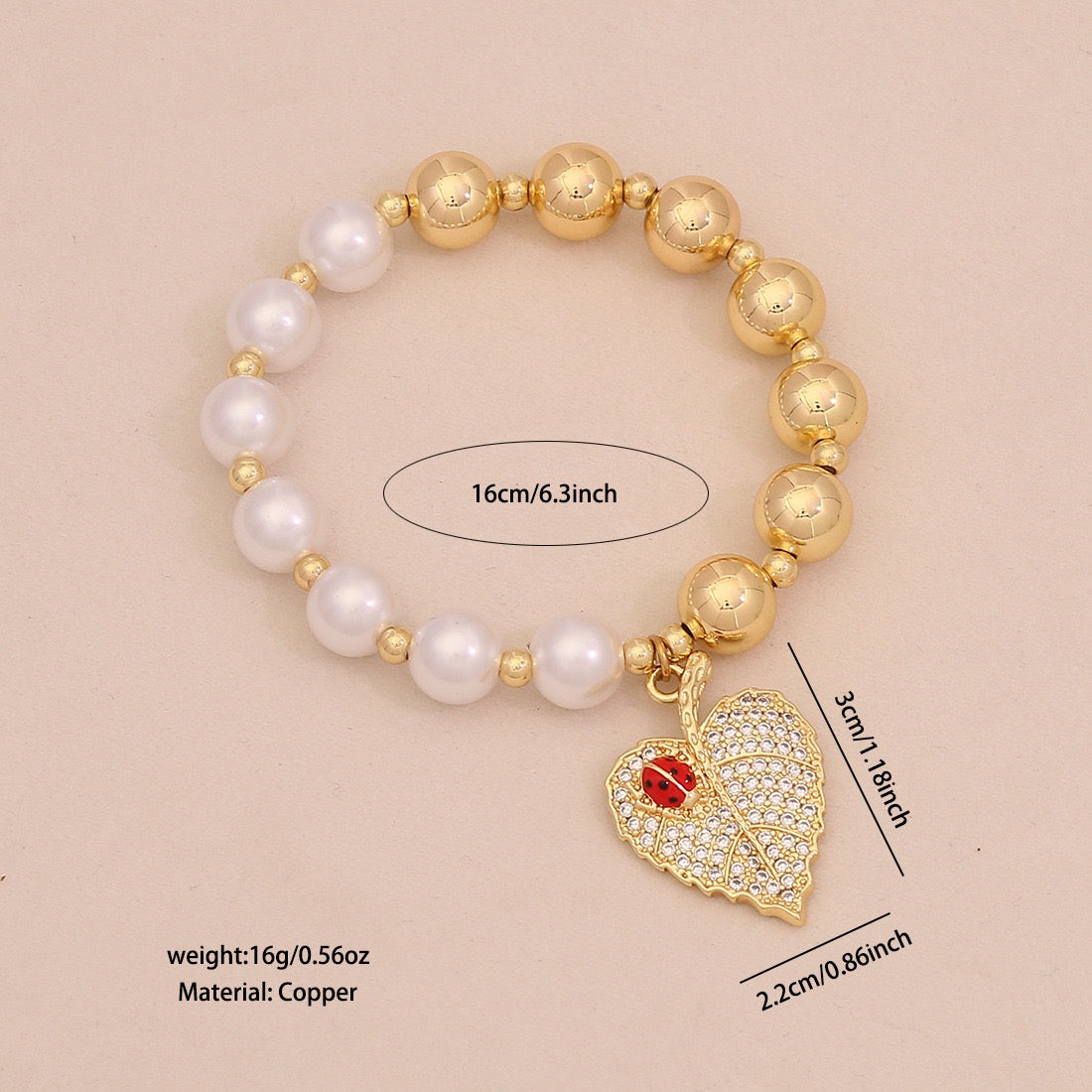 Faux Pearl Beaded Bracelet with Gold Beetle Charm