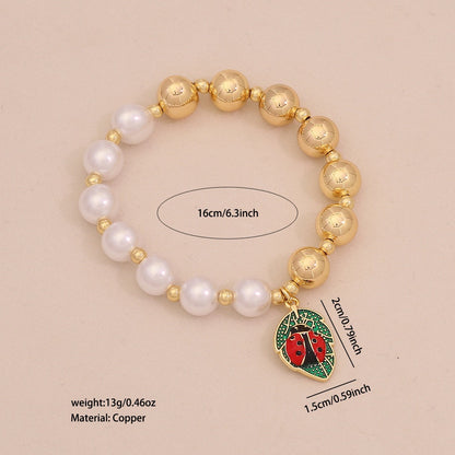Faux Pearl Beaded Bracelet with Gold Beetle Charm
