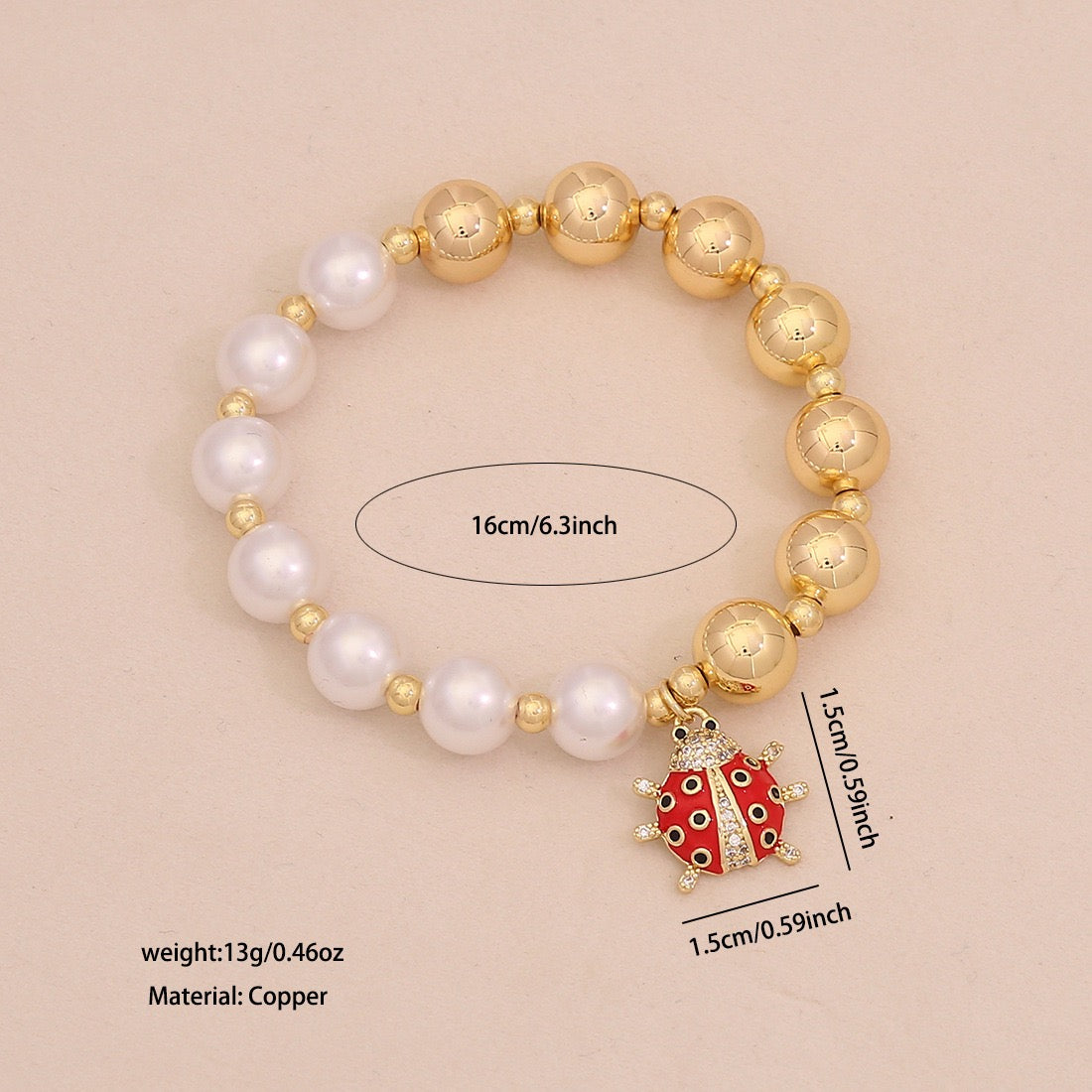 Faux Pearl Beaded Bracelet with Gold Beetle Charm