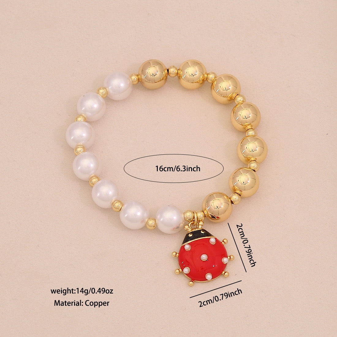 Faux Pearl Beaded Bracelet with Gold Beetle Charm