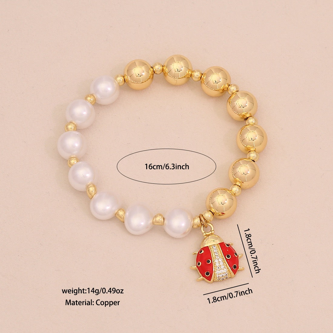 Faux Pearl Beaded Bracelet with Gold Beetle Charm