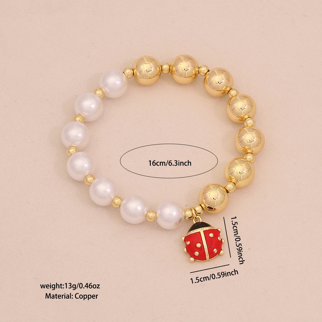Faux Pearl Beaded Bracelet with Gold Beetle Charm