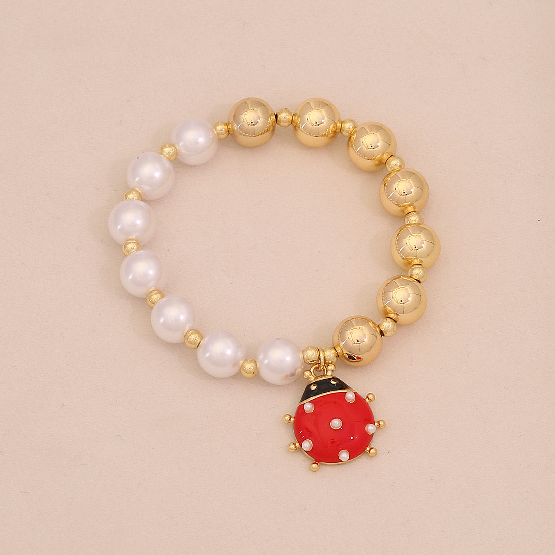Faux Pearl Beaded Bracelet with Gold Beetle Charm
