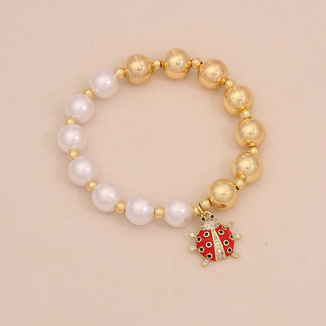 Faux Pearl Beaded Bracelet with Gold Beetle Charm