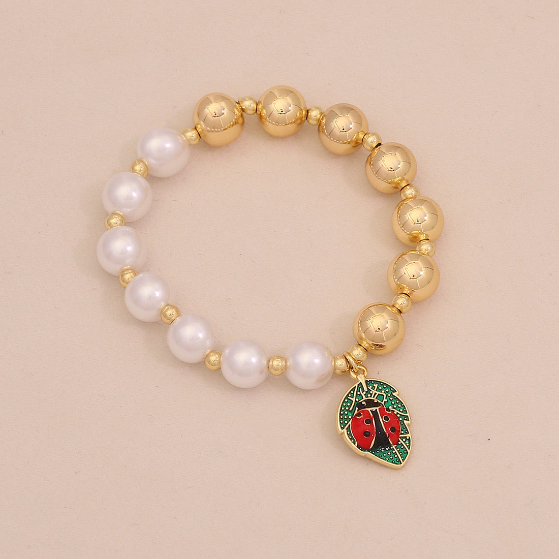 Faux Pearl Beaded Bracelet with Gold Beetle Charm