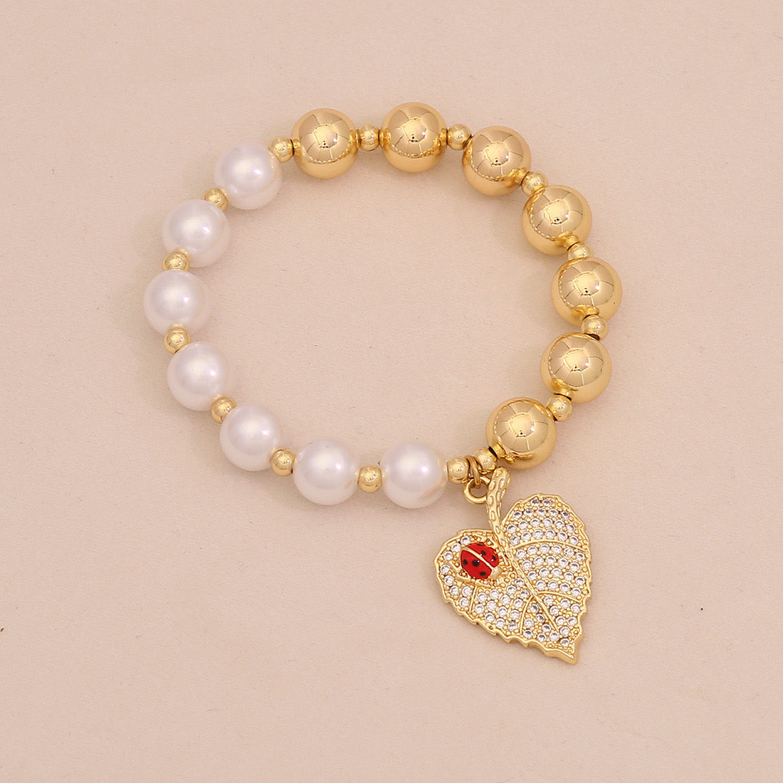 Faux Pearl Beaded Bracelet with Gold Beetle Charm