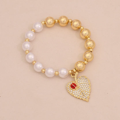 Faux Pearl Beaded Bracelet with Gold Beetle Charm
