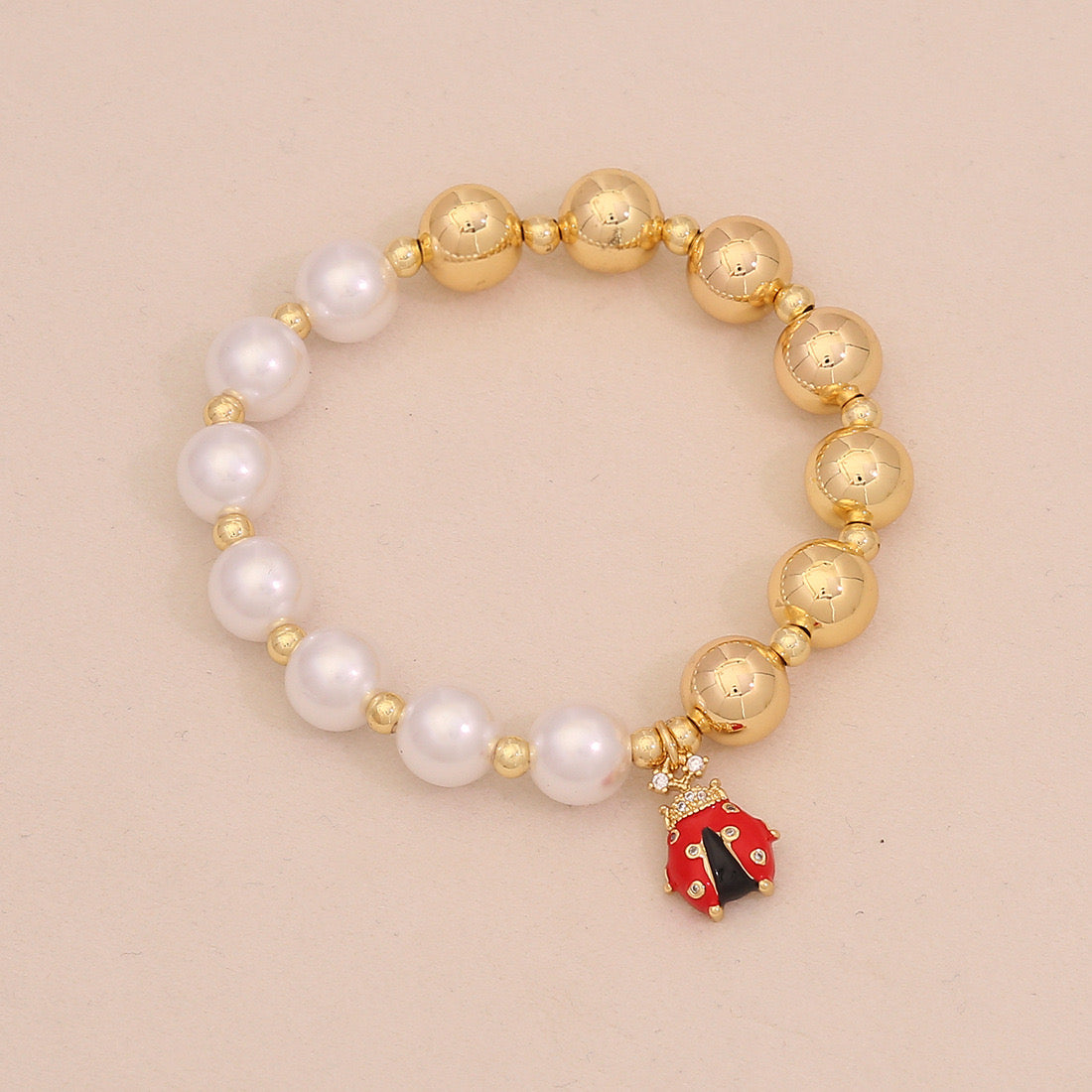 Faux Pearl Beaded Bracelet with Gold Beetle Charm