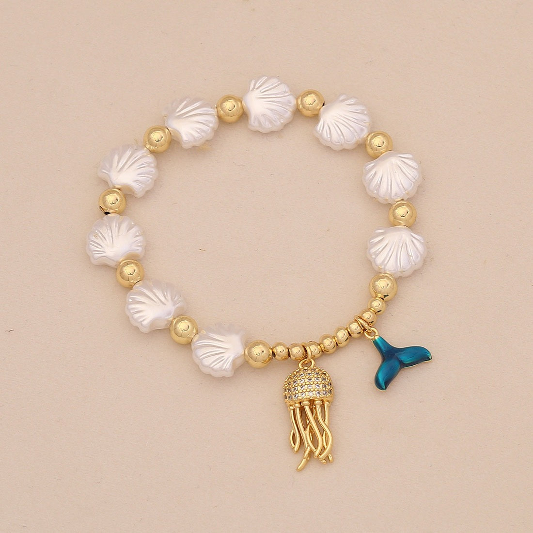 Faux Pearl Beaded Bracelet with Starfish & Sea Turtle Charms
