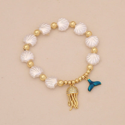 Faux Pearl Beaded Bracelet with Starfish & Sea Turtle Charms