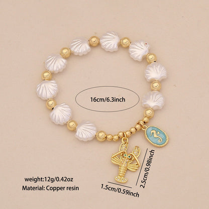 Faux Pearl Beaded Bracelet with Starfish & Sea Turtle Charms