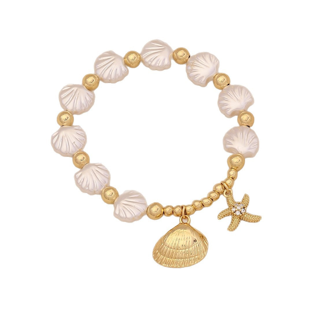 Faux Pearl Beaded Bracelet with Starfish & Sea Turtle Charms