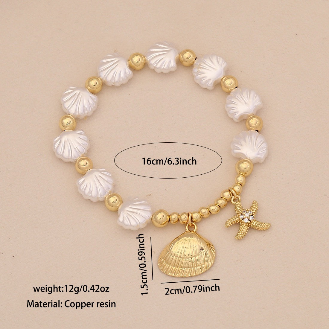 Faux Pearl Beaded Bracelet with Starfish & Sea Turtle Charms