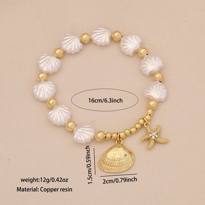 Faux Pearl Beaded Bracelet with Starfish & Sea Turtle Charms