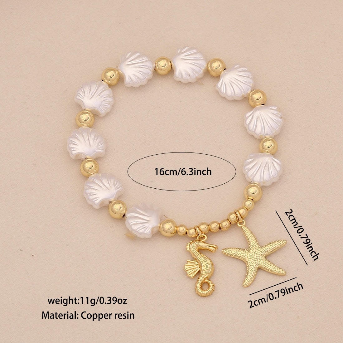 Faux Pearl Beaded Bracelet with Starfish & Sea Turtle Charms