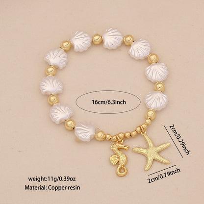 Faux Pearl Beaded Bracelet with Starfish & Sea Turtle Charms