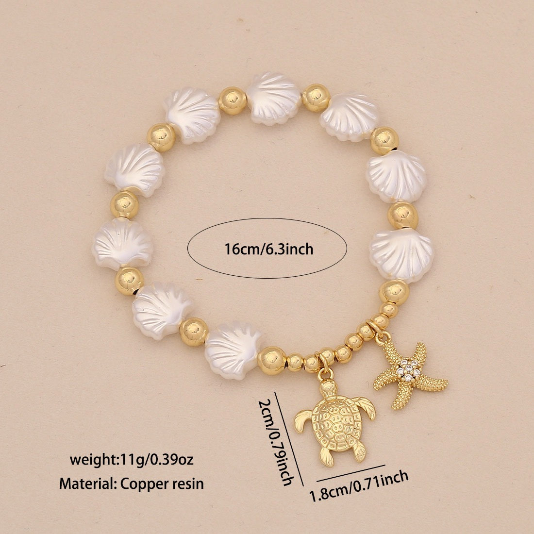 Faux Pearl Beaded Bracelet with Starfish & Sea Turtle Charms