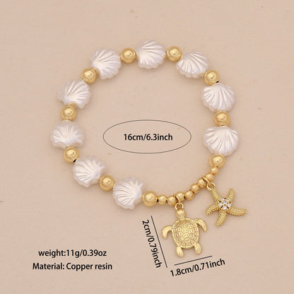 Faux Pearl Beaded Bracelet with Starfish & Sea Turtle Charms