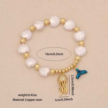 Faux Pearl Beaded Bracelet with Starfish & Sea Turtle Charms