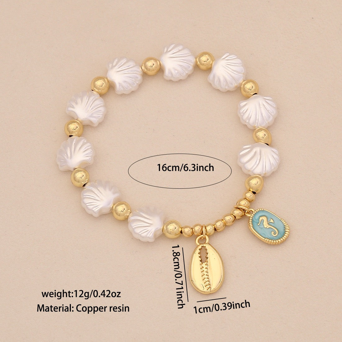 Faux Pearl Beaded Bracelet with Starfish & Sea Turtle Charms