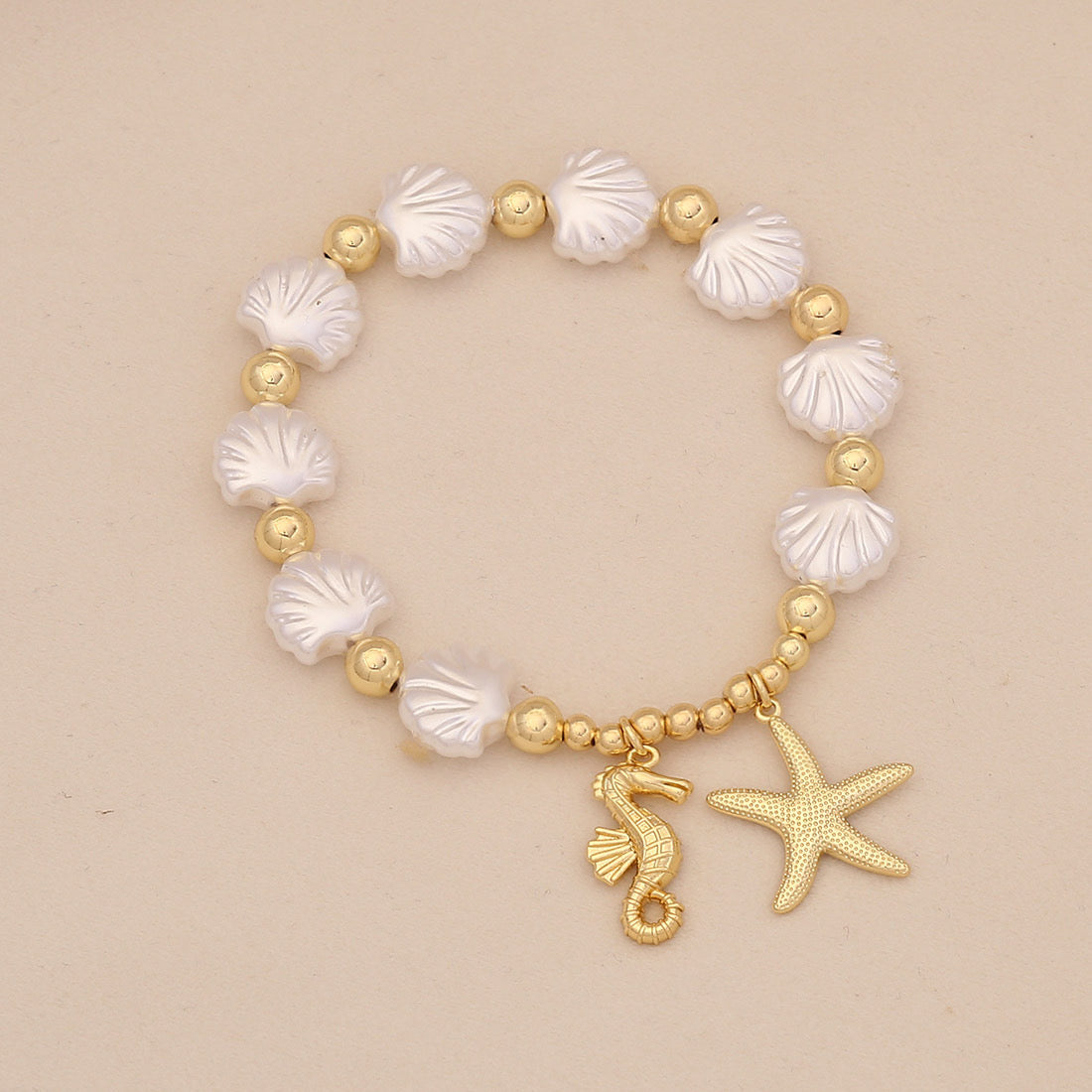 Faux Pearl Beaded Bracelet with Starfish & Sea Turtle Charms