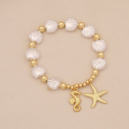 Faux Pearl Beaded Bracelet with Starfish & Sea Turtle Charms
