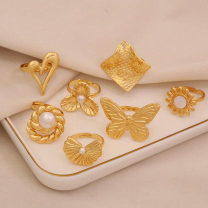 Imitation Pearl Butterfly Heart Ring