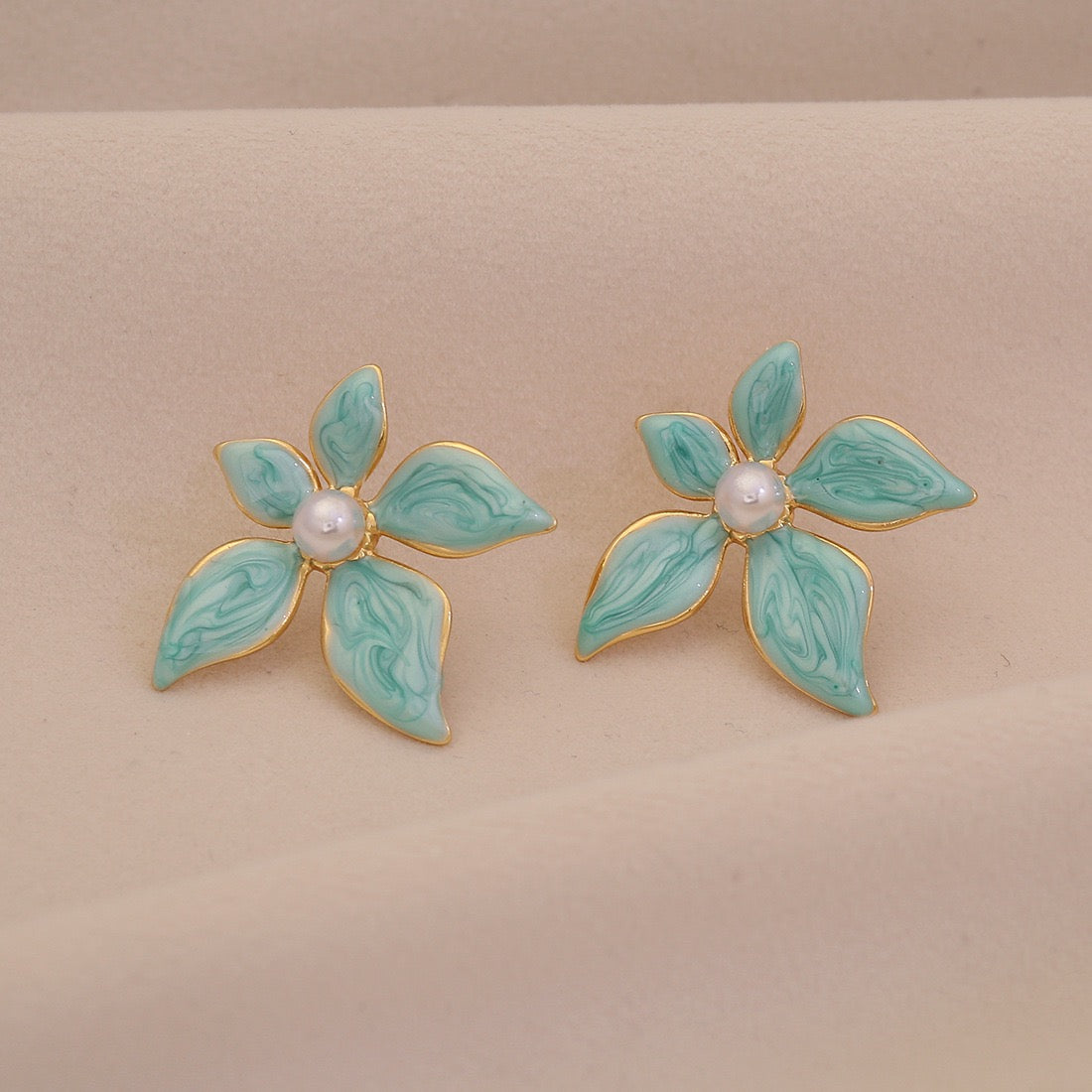 Enamel Flower & Pearl Stud Earrings
