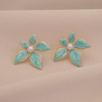 Enamel Flower & Pearl Stud Earrings