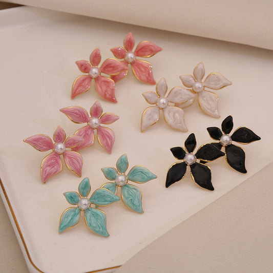 Enamel Flower & Pearl Stud Earrings