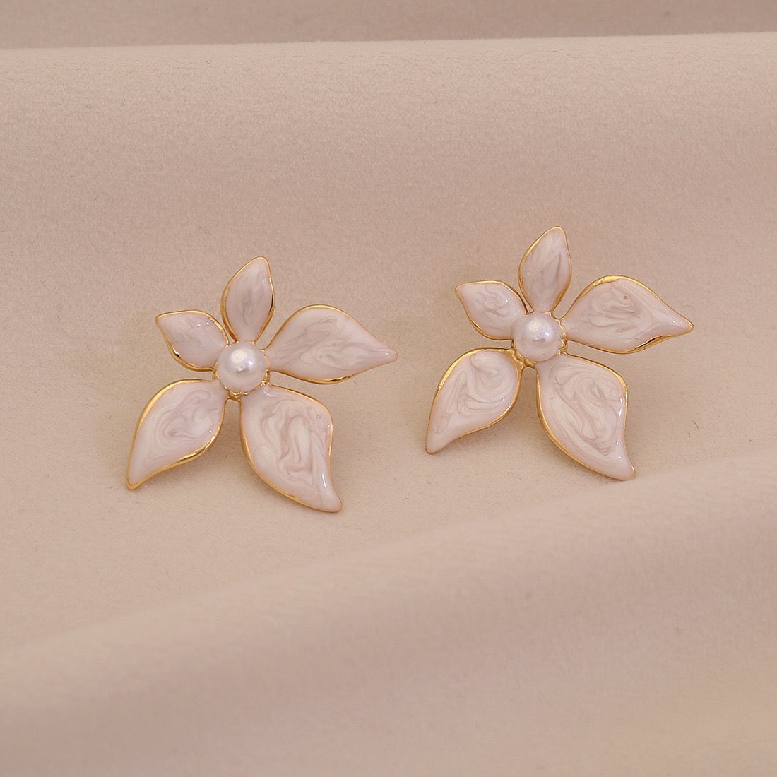 Enamel Flower & Pearl Stud Earrings