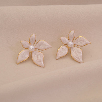 Enamel Flower & Pearl Stud Earrings