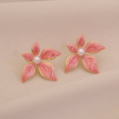 Enamel Flower & Pearl Stud Earrings