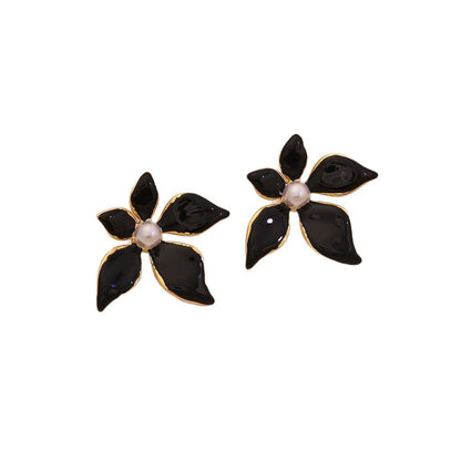 Enamel Flower & Pearl Stud Earrings