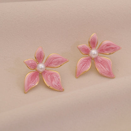 Enamel Flower & Pearl Stud Earrings